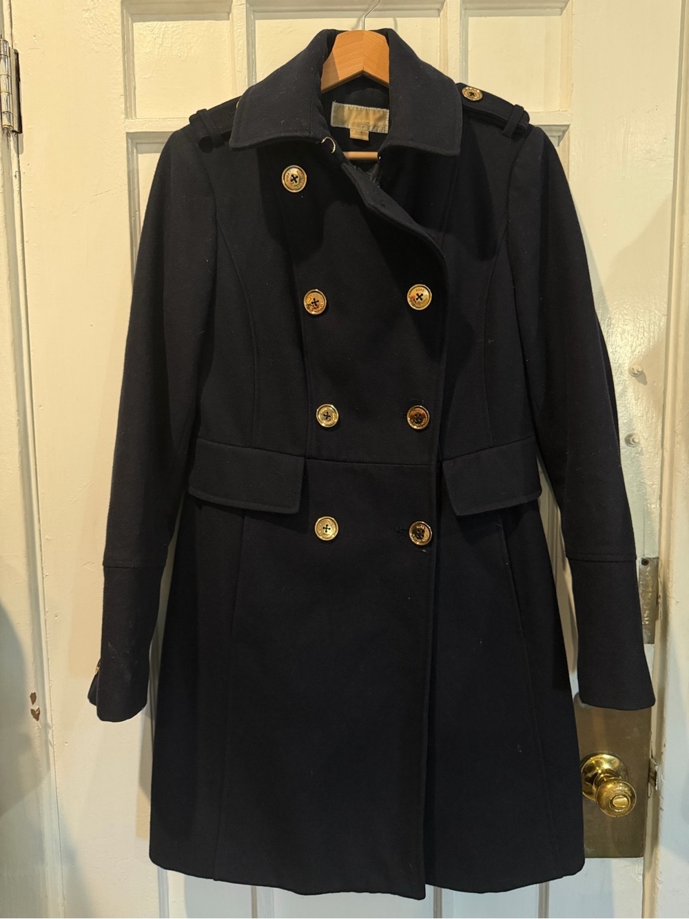 Michael Kors Navy Double-Breasted Wool Peacoat with Gold Buttons